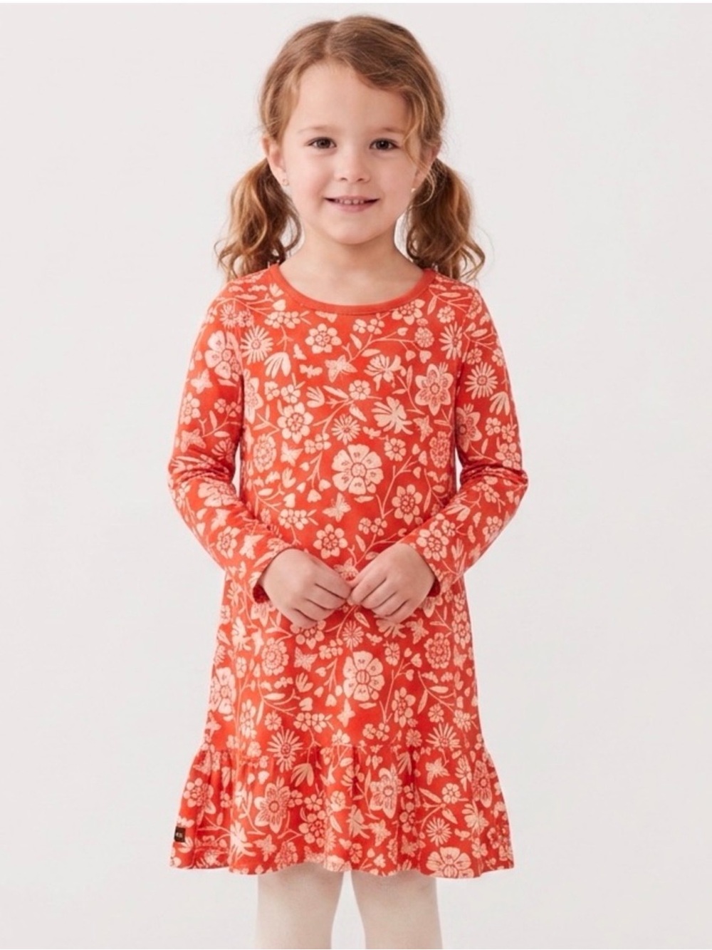 Tea Collection Orange and Cream Floral Ruffle-Hem Dress